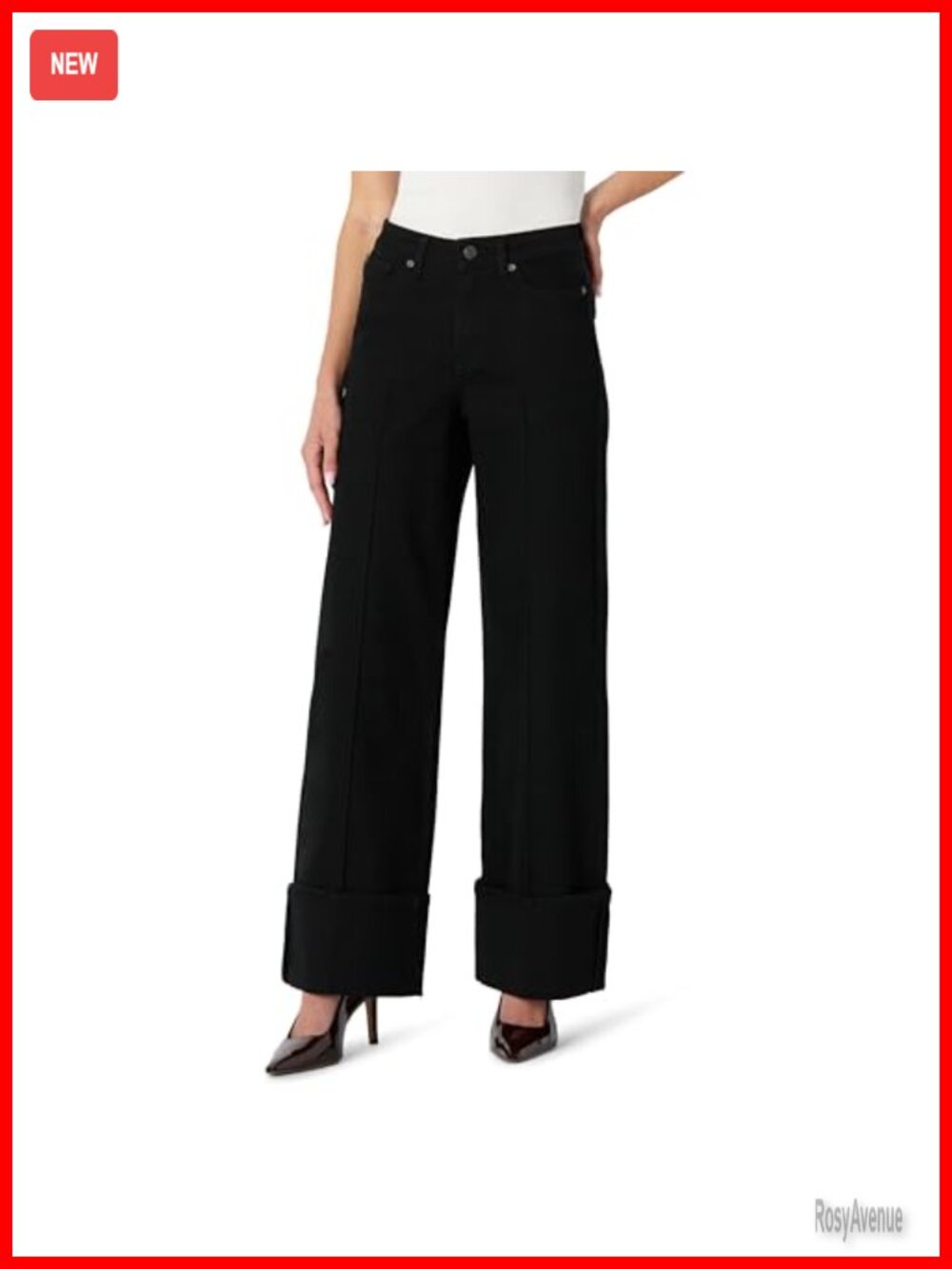 High-Rise Wide Leg Cuffed Jeans Pintuck Low Stretch Denim